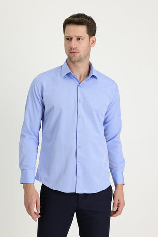  Açık Mavi Uzun Kol Slim Fit Dar Kesim Desenli Pamuklu Gömlek