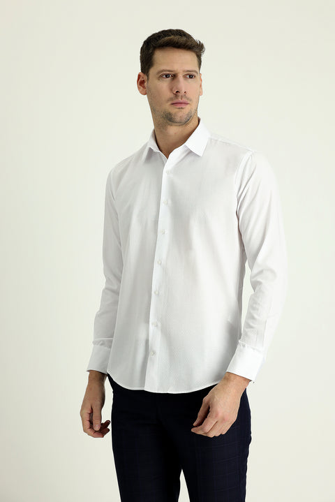 Beyaz Uzun Kol Slim Fit Dar Kesim Desenli Gömlek