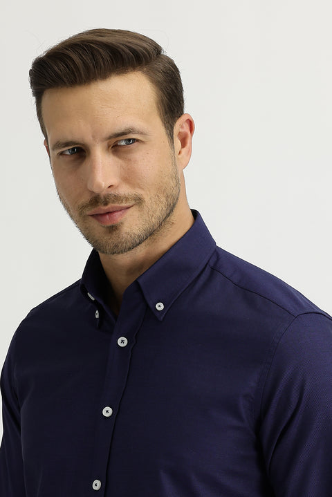 Orta Lacivert Uzun Kol Slim Fit Dar Kesim Oxford Gömlek