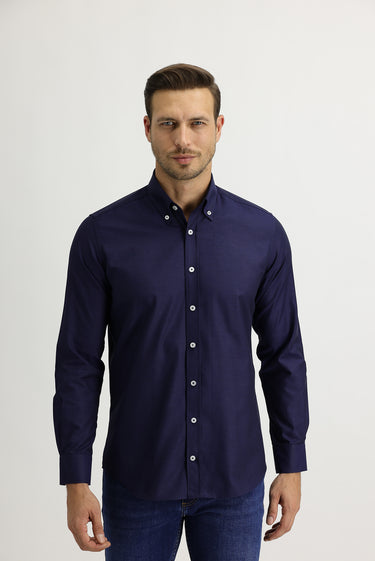 Orta Lacivert Uzun Kol Slim Fit Dar Kesim Oxford Gömlek