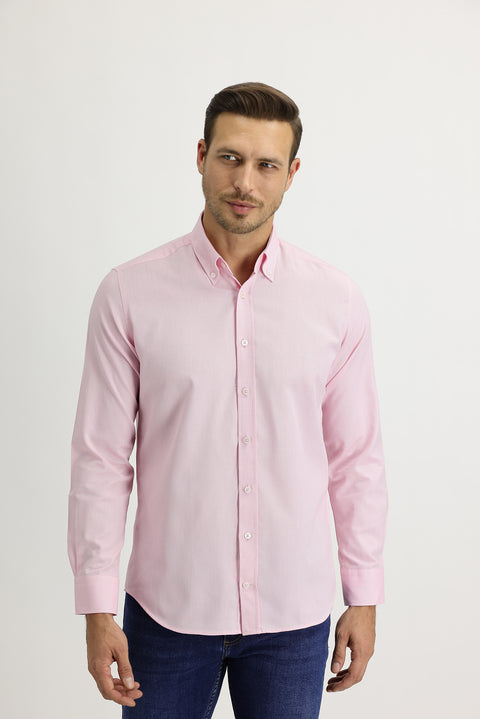 Pembe Uzun Kol Slim Fit Dar Kesim Oxford Pamuklu Gömlek
