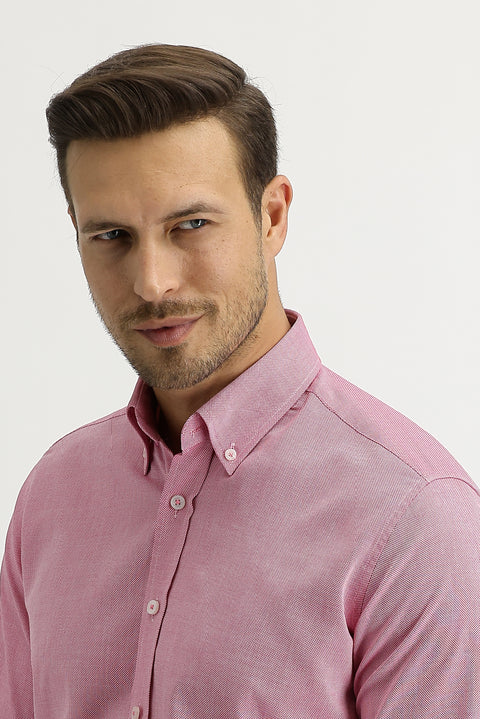 Açık Kırmızı Uzun Kol Slim Fit Dar Kesim Oxford Gömlek