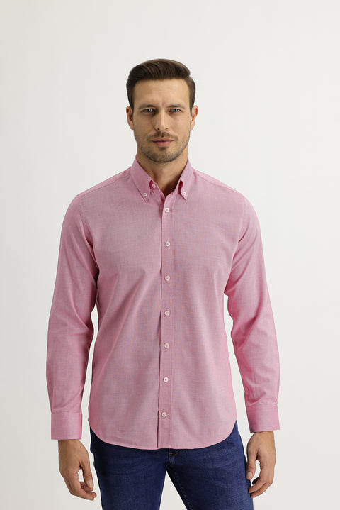 Açık Kırmızı Uzun Kol Slim Fit Dar Kesim Oxford Gömlek