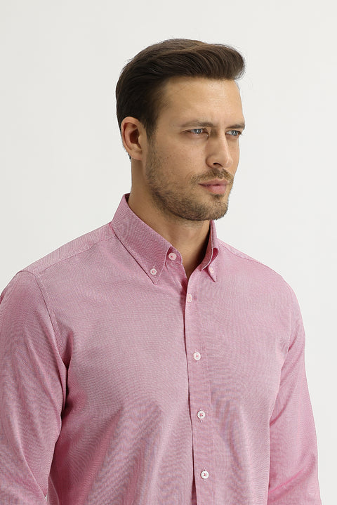 Açık Kırmızı Uzun Kol Slim Fit Dar Kesim Oxford Gömlek