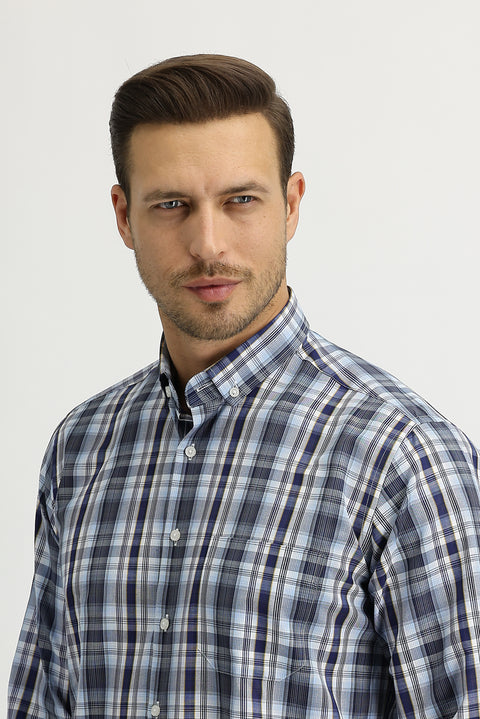 Koyu Lacivert Uzun Kol Regular Fit Ekose Gömlek