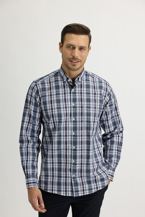 Koyu Lacivert Uzun Kol Regular Fit Ekose Gömlek