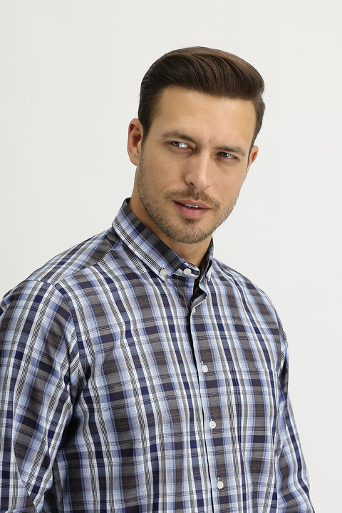 Orta Kahve Uzun Kol Regular Fit Ekose Gömlek