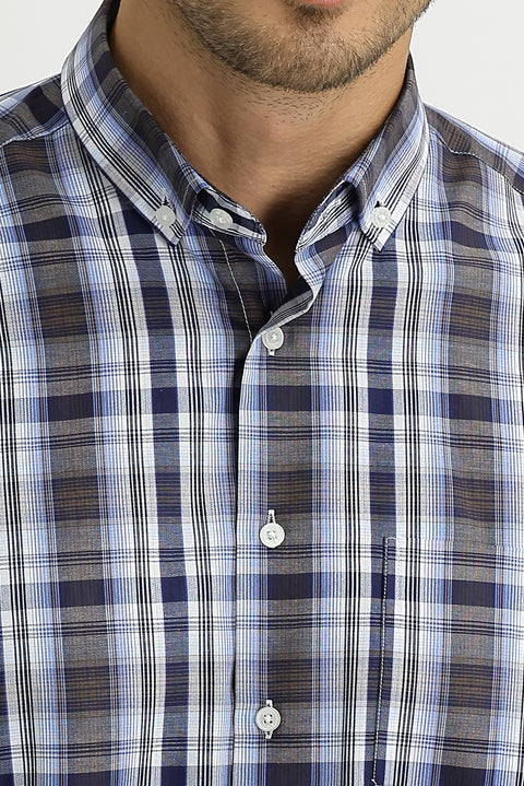 Medium Brown Long Sleeve Regular Fit Plaid Shirt