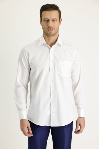  Beyaz Uzun Kol Klasik Desenli Manşetli Pamuk Gömlek