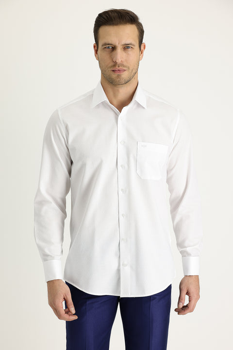 Beyaz Uzun Kol Klasik Desenli Manşetli Pamuk Gömlek