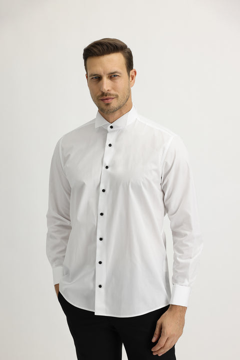 Beyaz Uzun Kol Ata Yaka Klasik Pamuk Gömlek