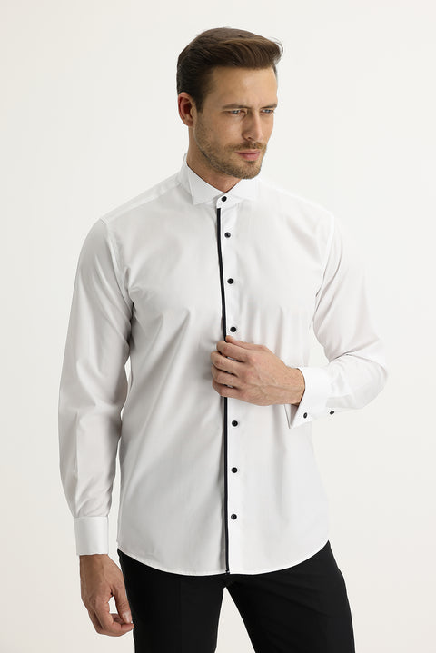 Beyaz Uzun Kol Ata Yaka Klasik Pamuk Gömlek