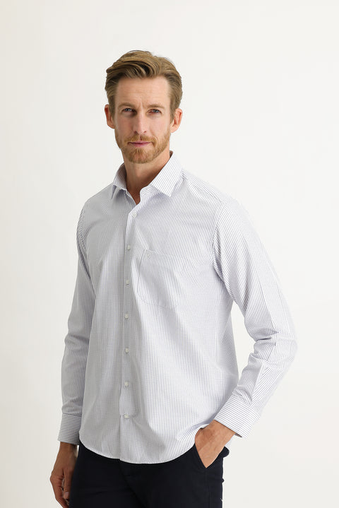 Orta Lacivert Uzun Kol Klasik Çizgili Gömlek