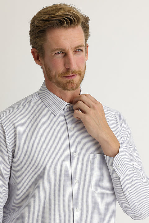 Orta Lacivert Uzun Kol Klasik Çizgili Gömlek