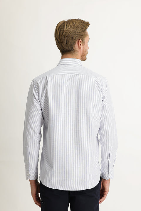 Orta Lacivert Uzun Kol Klasik Çizgili Gömlek