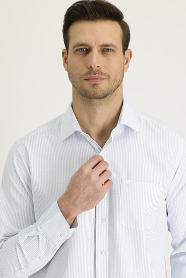 Uçuk Mavi Uzun Kol Klasik Çizgili Pamuklu Gömlek