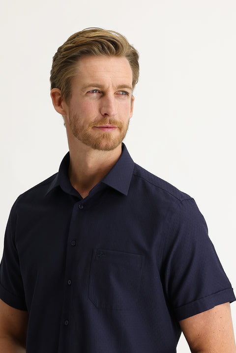 Koyu Lacivert Kısa Kol Regular Fit Desenli Gömlek