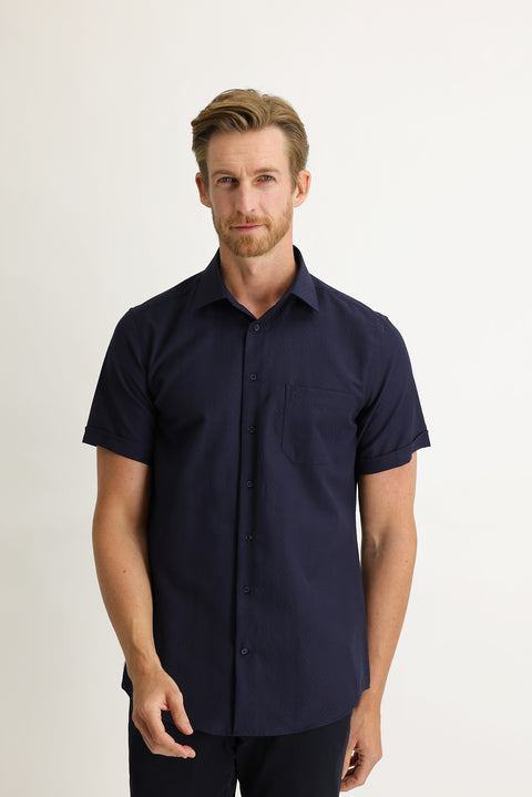 Koyu Lacivert Kısa Kol Regular Fit Desenli Gömlek