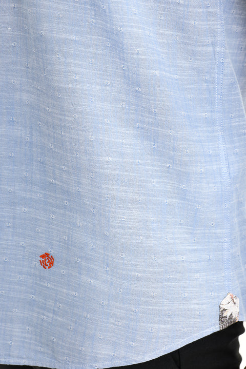 Gök Mavisi Kısa Kol Desenli Klasik Pamuk Gömlek