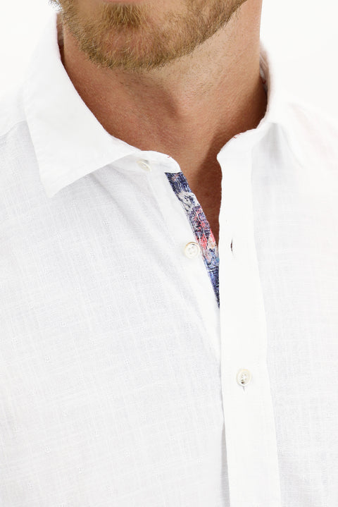 Beyaz Kısa Kol Regular Fit Desenli Pamuk Gömlek