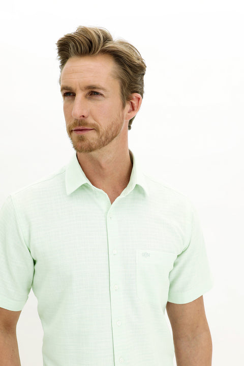 Mint Yeşili Kısa Kol Regular Fit Desenli Spor Gömlek