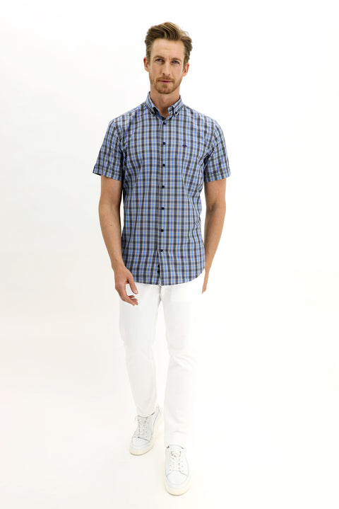 Dark Blue Short Sleeve Regular Fit Plaid Shirt