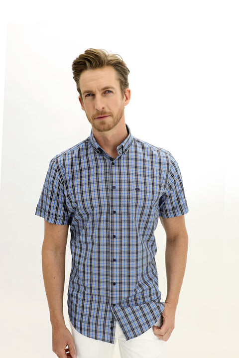 Dark Blue Short Sleeve Regular Fit Plaid Shirt