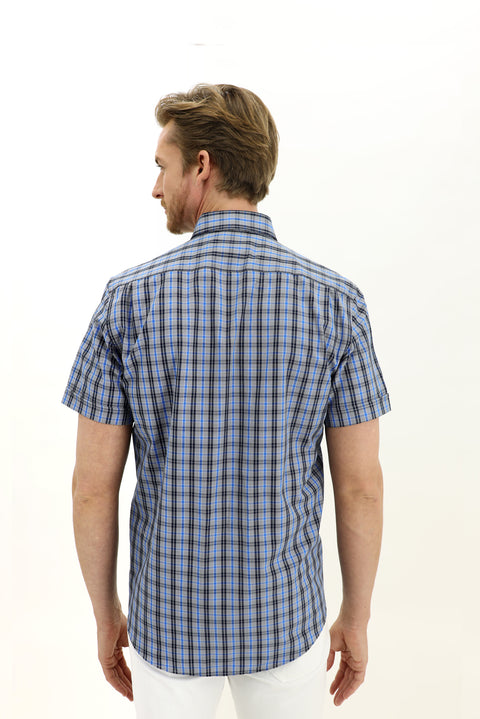 Dark Blue Short Sleeve Regular Fit Plaid Shirt
