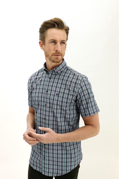 Koyu Yeşil Kısa Kol Regular Fit Ekose Gömlek