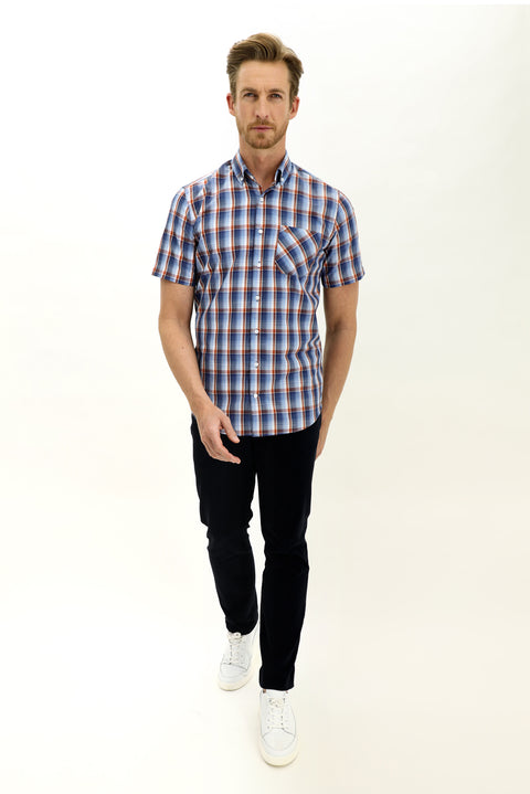 Mavi Kısa Kol Regular Fit Ekose Gömlek