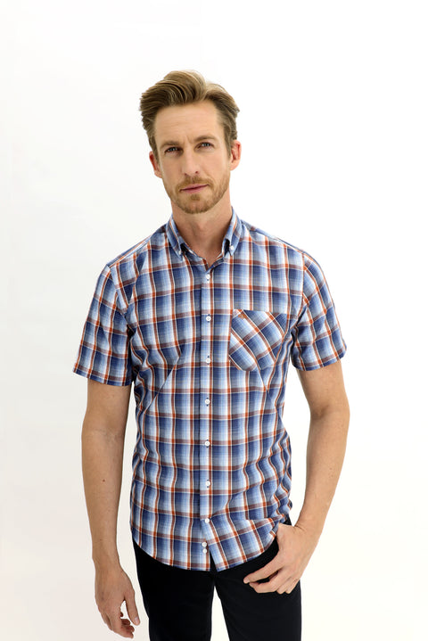 Mavi Kısa Kol Regular Fit Ekose Gömlek