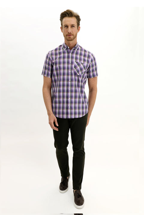 Lila Kısa Kol Regular Fit Ekose Gömlek
