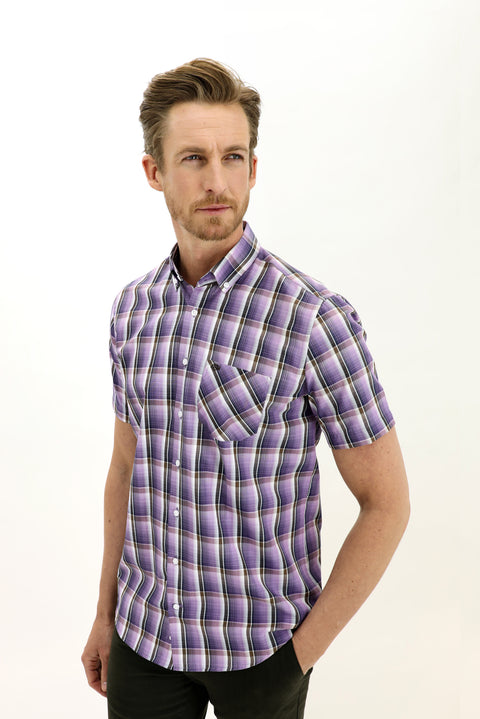 Lila Kısa Kol Regular Fit Ekose Gömlek