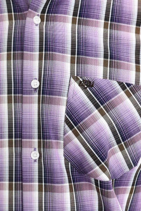 Lila Kısa Kol Regular Fit Ekose Gömlek