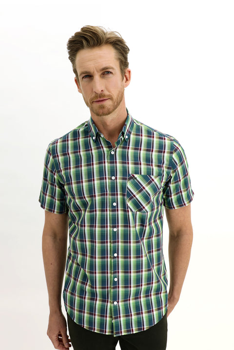 Çimen Yeşili Kısa Kol Regular Fit Ekose Gömlek