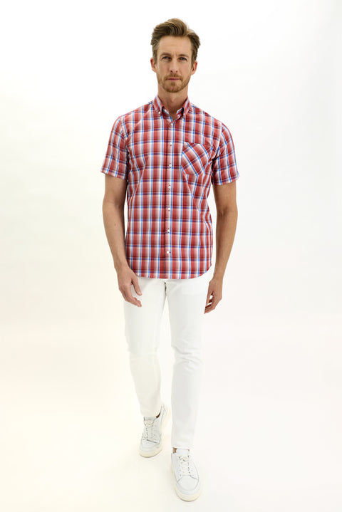 Açık Kırmızı Kısa Kol Regular Fit Ekose Gömlek