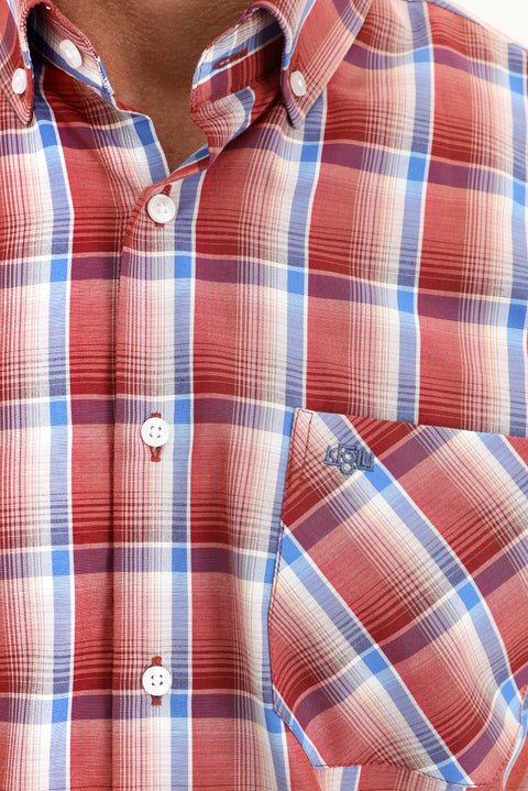 Açık Kırmızı Kısa Kol Regular Fit Ekose Gömlek