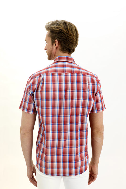 Açık Kırmızı Kısa Kol Regular Fit Ekose Gömlek