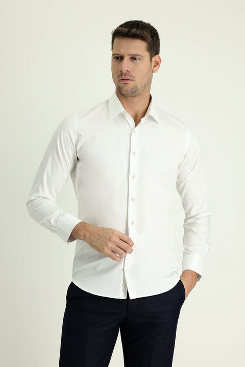 White Long Sleeve Slim Fit Classic Nano Care Water Repellent Stain Resistant 4 Seasons Cotton Shirt