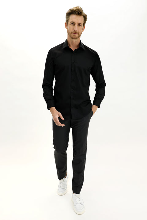 Siyah Uzun Kol Slim Fit Dar Kesim Non Iron Pamuklu Gömlek