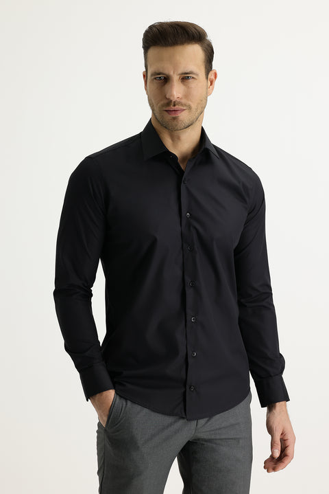 Siyah Uzun Kol Slim Fit Dar Kesim Klasik Pamuklu Gömlek