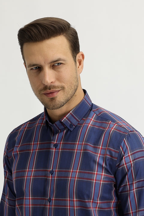 Koyu Lacivert Uzun Kol Ekose Slim Fit Dar Kesim Gömlek