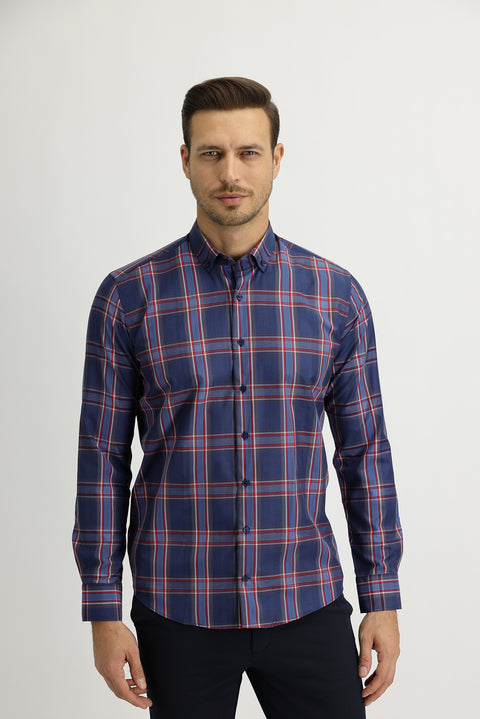Koyu Lacivert Uzun Kol Ekose Slim Fit Dar Kesim Gömlek
