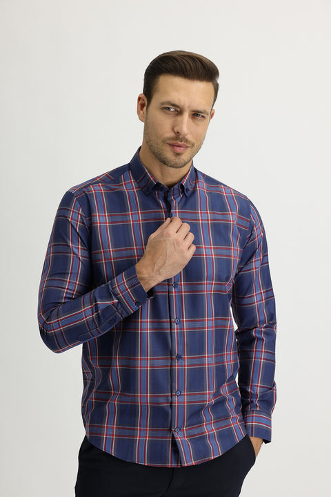Koyu Lacivert Uzun Kol Slim Fit Dar Kesim Ekose Gömlek