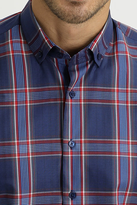 Koyu Lacivert Uzun Kol Ekose Slim Fit Dar Kesim Gömlek