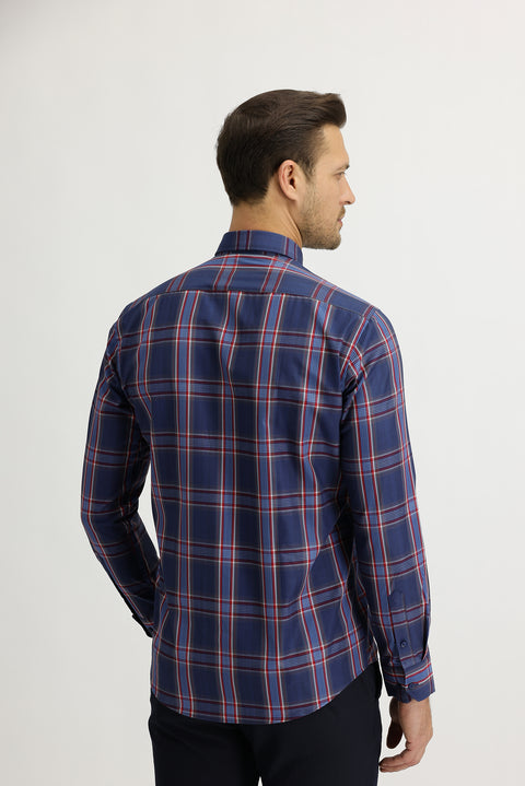 Koyu Lacivert Uzun Kol Ekose Slim Fit Dar Kesim Gömlek