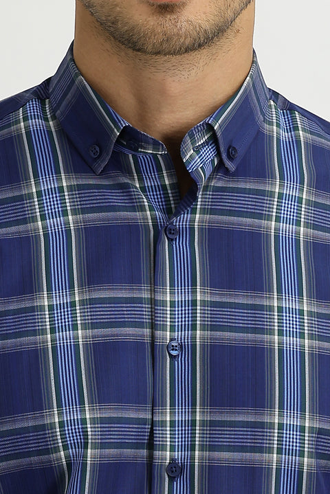 Koyu Lacivert Uzun Kol Slim Fit Dar Kesim Ekose Gömlek