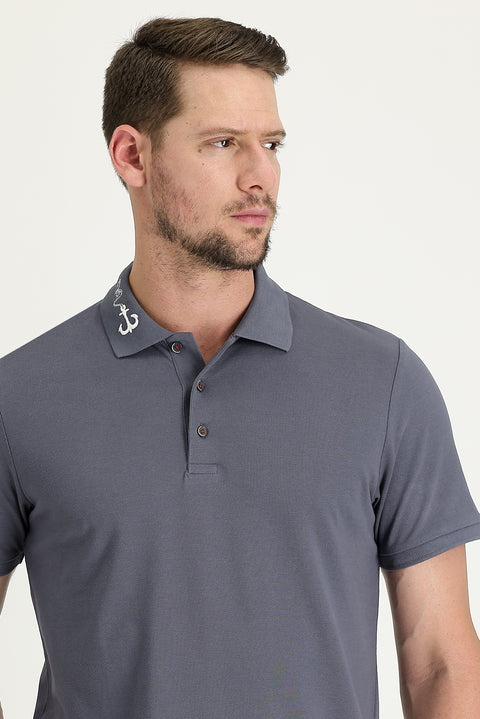 Orta Gri Polo Yaka Desenli Pamuk Tişört