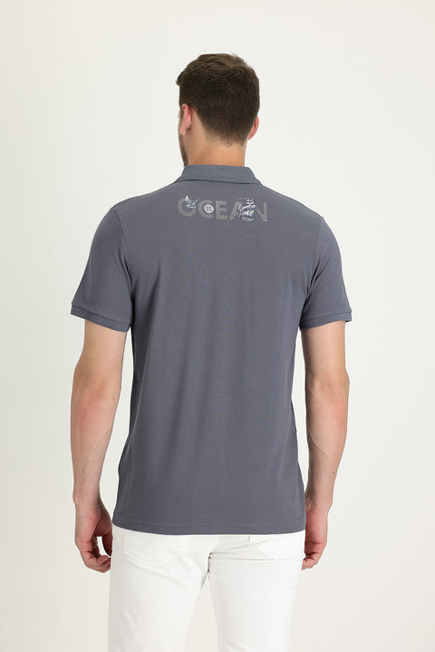 Orta Gri Polo Yaka Desenli Pamuk Tişört