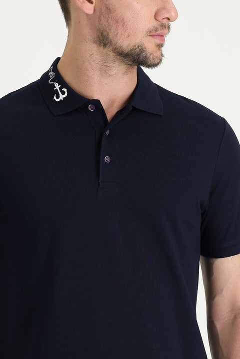 Orta Lacivert Polo Yaka Desenli Pamuk Tişört